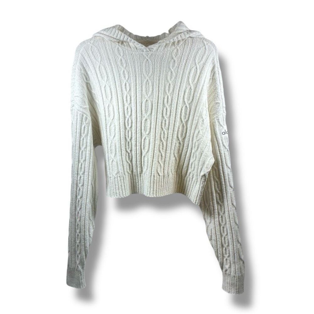ALO Yoga Cable Knit Cropped Bliss Hoodie in Ivory Size M